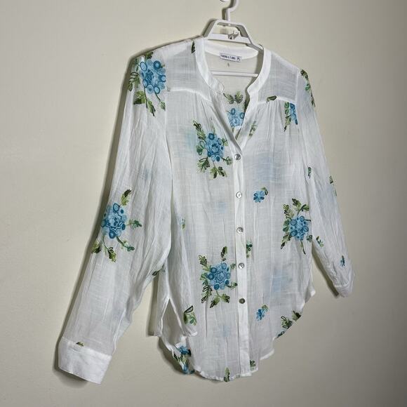 Fig & Flower White Sheer Gauze Button Up Blouse Floral Embroidery Boho Sz PL - Picture 2 of 8